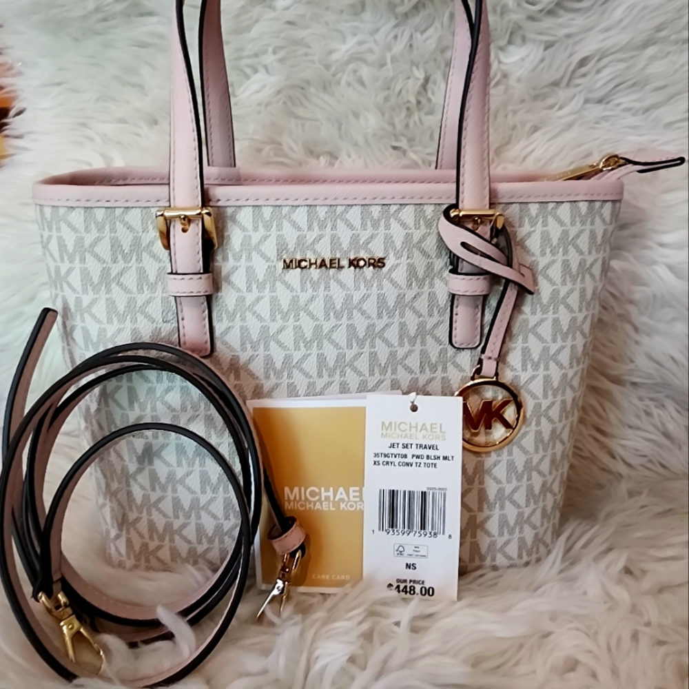NWT. Michael Kors Powder Blush Jet Set Travel Extra-Small Logo Top-Zip Tote Bag